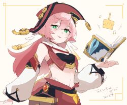 Rule 34 | 1girl, antlers, blush, book, breasts, cake, character name, crop top, detached sleeves, food, genshin impact, green eyes, happy birthday, hat, highres, horns, long hair, looking at viewer, ma rukan, midriff, musical note, pink hair, red hat, scales, simple background, small breasts, solo, tongue, tongue out, vision (genshin impact), yanfei (genshin impact), yellow background