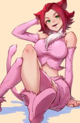 Rule 34 | 1girl, :d, arm up, asymmetrical legwear, bleach, bleach: zanpakutou ibun hen, cat tail, crop top, detached sleeves, green eyes, haineko, hand in own hair, long sleeves, looking at viewer, midriff, navel, open mouth, pink shorts, pink sleeves, pink thighhighs, red hair, short hair, short shorts, shorts, sitting, smile, solo, soraao0322, stomach, tail, thighhighs, uneven legwear