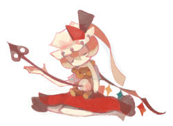 Rule 34 | 1girl, blonde hair, blood, bow, clea (geee13), closed eyes, crystal, flandre scarlet, frilled hat, frills, hair between eyes, hand up, hat, hat ribbon, holding, laevatein, long hair, lowres, mob cap, red ribbon, red skirt, ribbon, short sleeves, side ponytail, sitting, skirt, solo, stuffed animal, stuffed toy, teddy bear, touhou, toy, weapon, white hat, white legwear, wings