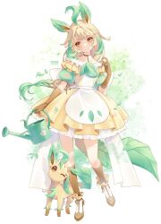 Rule 34 | 1girl, 1other, ahoge, animal ears, blonde hair, braid, brown eyes, brown gloves, brown socks, cosplay, creatures (company), daisy, dress, flat chest, flower, frilled dress, frills, full body, game freak, gen 4 pokemon, gloves, green theme, highres, holding, holding watering can, huge ahoge, kishishiotani, leaf, leafeon, leafeon (cosplay), multicolored hair, nintendo, pinafore dress, pokemon, pokemon (creature), puffy short sleeves, puffy sleeves, short sleeves, sidelocks, signature, single braid, sleeveless, sleeveless dress, socks, standing, streaked hair, watering can, yellow dress