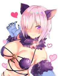 Rule 34 | 1girl, animal ears, blush, breasts, closed mouth, elbow gloves, eyebrows, eyes visible through hair, fang, fang out, fate/grand order, fate (series), fur collar, gloves, hair over one eye, hand up, heart, highres, large breasts, lens flare, looking at viewer, mash kyrielight, mash kyrielight (dangerous beast), o-ring, o-ring top, official alternate costume, pink hair, purple eyes, reaching, reaching towards viewer, revealing clothes, ribbon, selfie, shiny skin, short hair, simple background, smile, solo, sparkle, untue, upper body, white background