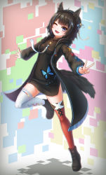 Rule 34 | 1girl, ;d, absurdres, animal ear fluff, animal ears, asymmetrical legwear, beret, black dress, black footwear, black hair, black hat, black jacket, blue hair, blue nails, blush, boots, breasts, brown nails, character request, commentary, dress, fang, full body, hat, highres, hood, hood down, hooded jacket, jacket, lace, lace-trimmed legwear, lace trim, long sleeves, looking at viewer, mismatched legwear, mole, mole under eye, multicolored hair, multicolored nails, nail polish, one eye closed, open clothes, open jacket, open mouth, puffy long sleeves, puffy sleeves, purple eyes, red thighhighs, sleeves past wrists, small breasts, smile, solo, standing, standing on one leg, stratosphere (coom1017), streaked hair, tail, thighhighs, thighhighs under boots, v-shaped eyebrows, vrchat, white thighhighs