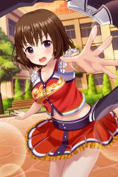 Rule 34 | 1girl, alternative girls, asahina nono, bench, blouse, blush, brown hair, building, cheerleader, grass, highres, looking at viewer, official art, open hand, open mouth, outdoors, purple eyes, shirt, short hair, skirt, solo, tree, window