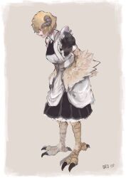 Rule 34 | 1girl, animal feet, apron, bird legs, bird tail, black dress, brown background, brown hair, brown wings, collared dress, dress, feathered wings, frilled apron, frilled dress, frills, full body, grey horns, harpy, highres, horns, kajituohima, looking down, maid, maid apron, monster girl, open mouth, original, puffy short sleeves, puffy sleeves, sheep horns, short hair, short sleeves, simple background, solo, standing, tail, talons, white apron, winged arms, wings