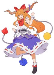 Rule 34 | 1girl, :d, black footwear, bow, bowtie, chain, clenched hands, commentary, cube, cuffs, footwear bow, full body, hair bow, highres, horn ornament, horn ribbon, horns, ibuki suika, long hair, looking at viewer, open mouth, orange eyes, orange hair, orb, purple skirt, red bow, red bowtie, ribbon, shackles, shirt, shoes, skirt, smile, socks, solo, teeth, torn clothes, torn sleeves, touhou, very long hair, white background, white shirt, white socks, winterleigh