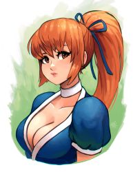 Rule 34 | 1girl, absurdres, blue dress, blue ribbon, breasts, brown eyes, brown hair, choker, cleavage, collarbone, commentary request, cropped torso, dead or alive, dead or alive 6, dress, hair ribbon, high ponytail, highres, japanese clothes, kasumi (doa), large breasts, long hair, looking at viewer, ninja, parted lips, ponytail, ravenousruss, ribbon, short sleeves, simple background, solo