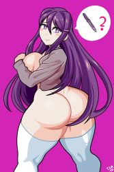 Rule 34 | 1girl, ?, ass, blush, bottomless, breasts, doki doki literature club, highres, huge ass, large breasts, long hair, looking at viewer, looking back, purple background, purple eyes, purple hair, smile, solo, theironmountain, thick thighs, thighhighs, thighs, white thighhighs, yuri (doki doki literature club)