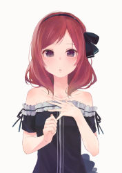 Rule 34 | 10s, 1girl, bare shoulders, black bow, blush, bow, clenched hand, collarbone, d:, eyebrows, frills, hair bow, hairband, highres, kobutakurassyu, looking at viewer, love live!, love live! school idol festival, love live! school idol project, nishikino maki, open mouth, parted lips, purple eyes, red hair, short sleeves, simple background, solo, spread fingers, swept bangs, upper body, white background