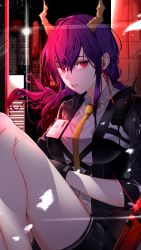 Rule 34 | 1girl, absurdres, arknights, bad id, bad pixiv id, black shorts, blue hair, building, ch&#039;en (arknights), cityscape, cizzi, collared shirt, dragon horns, earpiece, gloves, hair between eyes, highres, horns, jacket, long hair, looking to the side, name tag, neckwear request, parted lips, red eyes, shirt, short shorts, shorts, sitting, skyscraper, sword, thighs, walkie-talkie, weapon, white shirt, yellow neckwear
