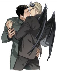 Rule 34 | 2boys, albert wesker, arm grab, ass grab, blonde hair, brown hair, chris redfield, closed eyes, closed mouth, demon, demon horns, demon wings, formal, green jacket, highres, horns, jacket, jewelry, multiple boys, muscular, non-web source, resident evil, suit, sunglasses, tatsumi (psmhbpiuczn), wings, yaoi