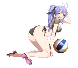Rule 34 | 1girl, ;d, absurdres, antenna hair, arm up, ass, ball, bandaid, bare legs, beachball, bikini, black bikini, breasts, choker, closers, crop top, front-tie top, full body, green eyes, hair ribbon, highres, large breasts, long hair, looking at viewer, looking back, midriff, official art, one eye closed, open mouth, ponytail, purple hair, ribbon, sandals, see-through, short sleeves, side-tie bikini bottom, smile, solo, soma (closers), swimsuit, thighs, wet