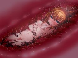 Rule 34 | bad end, blonde hair, blue eyes, breasts, cecil (mon-musu quest!), digestion, dissolving clothes, inside creature, midriff, mon-musu quest!, navel, nipples, nude, satania (mon-musu quest!), slime, unbirthing, vore