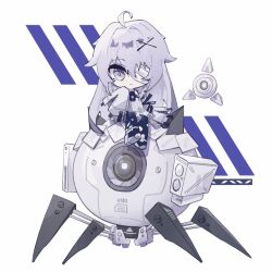 Rule 34 | 1girl, 1other, ahoge, bandage over one eye, chibi, dress, drone, fructose, grey dress, grey eyes, grey hair, hair between eyes, hair ornament, long hair, no.21&#039;s buddy (punishing: gray raven), no.21: xxi (punishing: gray raven), no.21 (punishing: gray raven), non-humanoid robot, one-eyed, punishing: gray raven, robot, sidelocks, sitting, sleeves past fingers, sleeves past wrists, x hair ornament