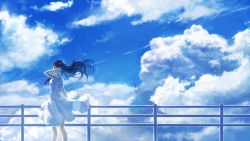Rule 34 | 1girl, bad id, bad pixiv id, black hair, blue sky, blue theme, cloud, contrail, day, dress, floating hair, from side, hand in own hair, kuune (muttey-myg), long hair, original, outdoors, scenery, sky, sleeveless, sleeveless dress, solo, standing, sundress, very long hair, white dress, wide shot