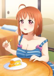 Rule 34 | 1girl, absurdres, artist name, artist request, bare shoulders, bed, blue pants, blue shirt, blue shorts, blush, bow, bowtie, breasts, cake, cleavage, collarbone, door, female focus, food, food on face, highres, holding, holding cake, holding food, indoors, looking at viewer, love live!, love live! school idol festival, love live! sunshine!!, medium breasts, orange hair, pants, parted lips, pillow, pink bow, plate, red eyes, shirt, short hair, shorts, smile, solo, striped clothes, striped pants, striped shirt, striped shorts, table, takami chika