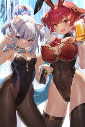 Rule 34 | 2girls, :d, alcohol, anchor hair ornament, animal ears, bare shoulders, beer, beer mug, black hairband, black legwear, black leotard, bloop (gawr gura), blue eyes, blue hair, blunt bangs, blush, breasts, brown legwear, bubble, can, cat ears, claw pose, cleavage, closed mouth, contrapposto, covered navel, cowboy shot, crop top, cup, detached collar, drink can, fake animal ears, fang, fins, fish tail, gawr gura, gloves, gluteal fold, hair ornament, hairband, heart, heterochromia, highleg, highleg leotard, highres, holding, holding can, hololive, hololive english, houshou marine, kittysuit, large breasts, leotard, long hair, looking at viewer, mug, multicolored hair, multiple girls, nail polish, nontraditional playboy bunny, open mouth, orange eyes, pantyhose, pepsi, playboy bunny, pubic tattoo, purple nails, rabbit ears, red eyes, red hair, see-through, shark tail, skin fang, small breasts, smile, soda can, standing, strapless, strapless leotard, streaked hair, tail, tattoo, thighhighs, thighs, twintails, two-tone hair, virtual youtuber, white gloves, white hair, whoisshe, wrist cuffs