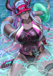 Rule 34 | 1girl, absurdres, bare shoulders, belt, black footwear, black one-piece swimsuit, blue hair, blush, body markings, breasts, clothes writing, collarbone, colored skin, covered navel, dark-skinned female, dark skin, earrings, english text, eyeliner, fate/grand order, fate (series), grey skin, hair between eyes, hat, highleg, highleg swimsuit, highres, horns, ibuki douji (fate), ibuki douji (swimsuit berserker) (fate), ibuki douji (swimsuit berserker) (first ascension) (fate), innertube, jewelry, large breasts, long hair, looking at viewer, magatama, makeup, multicolored hair, nail polish, one-piece swimsuit, oni, oni horns, parted lips, pink hair, pink hat, pink one-piece swimsuit, pointy ears, ponytail, red eyes, shiki (love-saber), shoes, sidelocks, sitting, smile, sneakers, solo, swim ring, swimsuit, tail, thigh strap, thighs, two-tone swimsuit, visor cap, wariza, water, wet, wristband