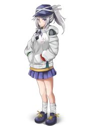 Rule 34 | 1girl, adapted costume, bare legs, baseball cap, blue eyes, blue footwear, blue hat, blue skirt, full body, grey hair, hands in pockets, hat, highres, hood, hooded jacket, jacket, long hair, long sleeves, looking at viewer, miniskirt, mononobe no futo, pleated skirt, pom pom (clothes), ponytail, satobitob, shoes, simple background, skirt, socks, solo, standing, touhou, white background, white jacket, white socks