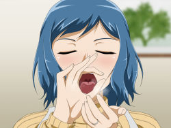 Rule 34 | 1girl, apron, blue hair, blurry, blurry background, blush, closed eyes, fellatio gesture, gundam, gundam build fighters, highres, indoors, iori rinko, jewelry, mature female, open mouth, ring, sexually suggestive, solo, sweater, tongue, turtleneck, turtleneck sweater, upper body, vermilion, wedding ring