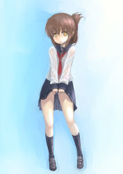 Rule 34 | 10s, 1girl, absurdres, blush, brown eyes, brown hair, clothes lift, embarrassed, flat chest, folded ponytail, highres, inazuma (kancolle), johan (johan13), kantai collection, kneehighs, loafers, school uniform, see-through, serafuku, shoes, short hair, skirt, skirt lift, socks, solo, suggestive fluid, wet, wet clothes