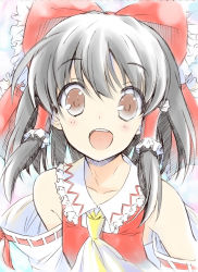 Rule 34 | 1girl, bare shoulders, black hair, bow, brown eyes, detached sleeves, female focus, graphite (medium), hair bow, hakurei reimu, happy, japanese clothes, miko, mixed media, open mouth, portrait, red eyes, sketch, smile, solo, takahashi tetsuya, tareme, touhou, traditional media, upper body, wide-eyed