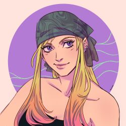 Rule 34 | 1girl, bandana, blonde hair, circle, commentary, earrings, ellie mehl, english commentary, fullmetal alchemist, highres, jewelry, looking to the side, purple background, sidelocks, simple background, smile, solo, winry rockbell