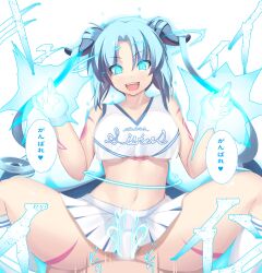 Rule 34 | 1boy, 1girl, ^^^, absurdres, arm tattoo, aura, black horns, blue eyes, blue hair, breasts, censored, cheerleader, chest tattoo, clothes writing, commentary request, crop top, demon girl, demon wings, feet out of frame, ganbare ganbare (itou life), girl on top, glowing, glowing eyes, hair on horn, hands up, hetero, highres, horns, large breasts, leg tattoo, long hair, looking at viewer, low wings, magic, mon-musu quest!, mon-musu quest: paradox, morrigan (mon-musu quest!), mosaic censoring, navel, no panties, open mouth, paid reward available, penis, pov, shiki (psychedelic g2), shirt, simple background, skirt, sleeveless, sleeveless shirt, smile, socks, sound effects, spread legs, straddling, tattoo, teeth, telekinesis, translation request, twintails, underboob, upper teeth only, very long hair, white background, white shirt, white skirt, white socks, wings