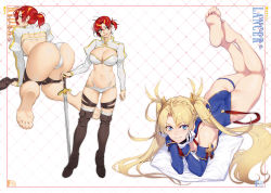 Rule 34 | 2girls, all fours, ass, azusa (hws), bare legs, bare shoulders, barefoot, bikini, blonde hair, blue eyes, blush, boots, boudica (fate), bradamante (fate), bradamante (first ascension) (fate), braid, breasts, cleavage, elbow gloves, fate/grand order, fate (series), feet, french braid, full body, gloves, green eyes, hair between eyes, head on hand, large breasts, leotard, long hair, long sleeves, looking at viewer, lying, medium breasts, multiple girls, multiple views, navel, o-ring, on stomach, pillow, red hair, short hair, short ponytail, shrug (clothing), sidelocks, smile, soles, swimsuit, sword, the pose, thigh boots, thigh strap, thighhighs, thighs, toes, twintails, very long hair, weapon, white bikini