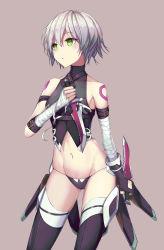 Rule 34 | 1girl, absurdres, bandaged arm, bandages, bare shoulders, black panties, black shirt, blush, breasts, dagger, dual wielding, fate/apocrypha, fate/grand order, fate (series), fingerless gloves, gloves, green eyes, grey hair, hair between eyes, highres, holding, holding dagger, holding knife, holding weapon, jack the ripper (fate/apocrypha), knife, looking to the side, navel, panties, shirt, shoulder tattoo, single glove, sleeveless, sleeveless shirt, small breasts, solo, tattoo, thighhighs, underwear, weapon, yanmaat