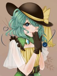 Rule 34 | 1girl, adapted costume, black gloves, blush, brown background, closed mouth, embellished costume, eyes visible through hair, gloves, green hair, hair over one eye, hands up, hat, heart, heart of string, highres, komeiji koishi, looking at viewer, own hands together, ribbon, samaru (cjcf2875), shirt, short hair, simple background, smile, solo, third eye, touhou, upper body, ||/