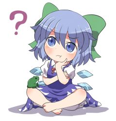 Rule 34 | 1girl, ?, animal, barefoot, blue dress, blue eyes, blue hair, blush, bow, cirno, closed mouth, collared shirt, detached wings, dress, fairy, frog, green bow, hair between eyes, hair bow, ice, ice wings, indian style, pinafore dress, puffy short sleeves, puffy sleeves, rokugou daisuke, shirt, short hair, short sleeves, signature, simple background, sitting, sleeveless, sleeveless dress, solo, touhou, white background, white shirt, wings
