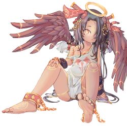 Rule 34 | 1girl, ankle cuffs, barefoot, black hair, bodypaint, chaosexceed, collarbone, dark skin, detached sleeves, dot nose, facial mark, feathered wings, forehead, forehead mark, hair ornament, hair over one eye, halo, long hair, no shoes, off shoulder, original, soles, strap slip, tan, tank top, toes, wings, yellow eyes
