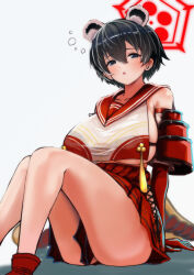 1girl animal_ears armor black_eyes black_hair blue_archive blush breast_curtains breasts commentary_request elbow_gloves gloves hair_between_eyes halo hey_taisyou highres japanese_armor japanese_clothes large_breasts parted_lips red_gloves red_sash sailor_collar sash short_hair simple_background sitting skindentation sleeveless solo tassel tsubaki_(blue_archive)