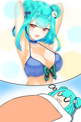 Rule 34 | 1girl, 7iruca, absurdres, alternate breast size, aqua hair, armpits, arms behind head, bikini, bkub (style), blanket, blue bikini, blue bow, blue choker, bow, breast conscious, breasts, bug, butterfly, choker, cleavage, double bun, dreaming, fang, frilled choker, frills, hair bow, hair bun, hair ornament, halterneck, highres, hololive, insect, large breasts, looking at viewer, multiple views, open mouth, red eyes, short hair, skull hair ornament, sleeping, smug, swimsuit, symbol in eye, thought bubble, under covers, uruha rushia, virtual youtuber