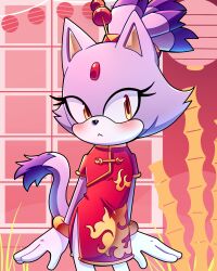 Rule 34 | 1girl, absurdres, alternate costume, animal ears, animal nose, blaze the cat, blush, cat ears, cat tail, chinese clothes, cuteytcat, furry, furry female, gloves, highres, looking at viewer, red robe, robe, solo, sonic (series), tail, white gloves