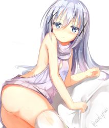 Rule 34 | 1girl, ass, backless outfit, bare arms, bed sheet, blue eyes, blush, breasts, commentary request, frown, gochuumon wa usagi desu ka?, hair between eyes, hair ornament, kafuu chino, long hair, looking at viewer, lying, meme attire, naked sweater, natuna natu, on side, ribbed sweater, sideboob, silver hair, small breasts, solo, sweater, thighhighs, turtleneck, turtleneck sweater, twitter username, virgin killer sweater, white thighhighs, x hair ornament