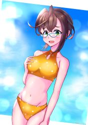 Rule 34 | 1girl, absurdres, bikini, black hair, blue-framed eyewear, breasts, collarbone, commentary request, covered navel, cowboy shot, glasses, green eyes, groin, highres, kantai collection, looking at viewer, medium breasts, okinami (kancolle), okinami kai ni (kancolle), open mouth, polka dot, polka dot bikini, short hair, solo, standing, swimsuit, yoko hata