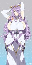 Rule 34 | 1girl, absurdres, arms behind head, blue background, breasts, camilla (adrift) (fire emblem), camilla (fire emblem), closed mouth, curvy, dress, elbow gloves, fire emblem, fire emblem fates, fire emblem heroes, gloves, grey background, hair over one eye, highres, horns, huge breasts, lips, lipstick, long hair, looking at viewer, makeup, mature female, nintendo, pink lips, plump, purple eyes, purple hair, r3dfive, sideboob, smile, solo, sparkle, standing, very long hair, wide hips