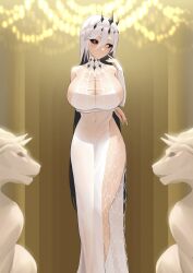 Rule 34 | 1girl, absurdres, black sclera, breast rest, breasts, bridal gauntlets, cleavage, closed mouth, colored sclera, commission, copyright request, covered navel, crown, dress, elbow gloves, gloves, hand up, heterochromia, highres, huge breasts, long dress, long hair, looking at viewer, lordol, mismatched pupils, red eyes, side slit, solo, statue, white dress, white eyes, white hair