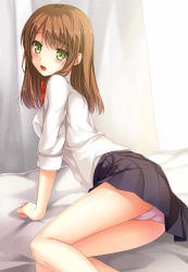 Rule 34 | 1girl, :o, bare legs, bed, bed sheet, black skirt, bow, bowtie, brown hair, curtains, eyebrows, from behind, highres, leaning forward, long sleeves, looking back, on bed, open mouth, original, panties, pantyshot, pleated skirt, red bow, red bowtie, school uniform, shiny skin, shirt, sitting, skirt, sleeves past elbows, sleeves rolled up, slit pupils, solo, spread legs, sweatdrop, thighs, tutumiyuusuke, underwear, upskirt, uzuki hiro, white shirt, yokozuwari
