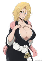 Rule 34 | 1girl, between breasts, black kimono, bleach, blonde hair, blue eyes, blush, breasts, chain, chain necklace, cleavage, female focus, highres, huge breasts, japanese clothes, jewelry, kimono, looking at viewer, matsumoto rangiku, medium hair, mistowing, mole, mole under mouth, necklace, pink scarf, scarf, solo