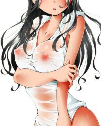 Rule 34 | 10s, 1girl, :o, black hair, blush, breasts, dr rex, hanasaku iroha, head out of frame, large breasts, long hair, nipples, open mouth, see-through, shirt, simple background, solo, sweat, tsurugi minko, wet, wet clothes, wet shirt, white background