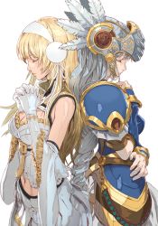 Rule 34 | 2girls, absurdres, armor, armored dress, back-to-back, blonde hair, blue armor, braid, breasts, closed eyes, closed mouth, commentary, company connection, detached sleeves, dress, earmuffs, elbow gloves, evelysse (star ocean), feathers, from side, gauntlets, gloves, grey headwear, hand on own chest, hand to own mouth, helmet, highres, interlocked fingers, large breasts, lenneth valkyrie, long hair, long sleeves, medium dress, midriff, multiple girls, navel, praying, silver hair, simple background, single braid, standing, star ocean, star ocean anamnesis, valkyrie, very long hair, white background, white dress, white gloves, yasuda akira