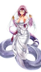 Rule 34 | 1girl, bare shoulders, basilisk (monster girl encyclopedia), blindfold, breasts, bridal veil, cleavage, collarbone, covered eyes, dress, earrings, facing viewer, full body, highres, jewelry, lamia, large breasts, leggings, mask, midnight (banyex), monster girl, monster girl encyclopedia, necklace, off shoulder, pantyhose, pointy ears, red hair, scales, simple background, smile, solo, strapless, strapless dress, veil, wedding dress, white background