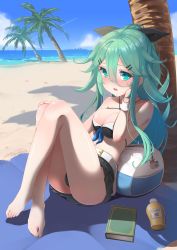 Rule 34 | 10s, 1girl, absurdres, adapted costume, barefoot, beach, bikini, black ribbon, black skirt, blush, book, breasts, cleavage, day, full body, green eyes, green hair, hair between eyes, hair ribbon, highres, kantai collection, large breasts, long hair, ocean, open mouth, pleated skirt, ribbon, ship, sitting, skirt, solo, swimsuit, teeth, toes, tree, twitter username, watercraft, yamakaze (kancolle), yaosera