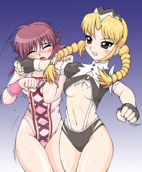 Rule 34 | 2girls, artist request, blonde hair, blush, boxing, breasts, brown eyes, character request, cleavage, clothesline, closed eyes, fighting, gloves, leotard, multiple girls, pain, pink hair, punching, short twintails, source request, sweat, twintails, wrestling