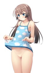 Rule 34 | 1girl, blue camisole, blue eyes, blush, bottomless, brown hair, camisole, camisole lift, censored, closed mouth, clothes lift, cloud print, collarbone, dd (ijigendd), groin, highres, kantai collection, kazagumo (kancolle), lifting own clothes, long hair, mosaic censoring, no panties, pussy, simple background, solo, white background