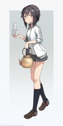 Rule 34 | 10s, 1girl, 2015, artist name, astg, bad id, bad pixiv id, black eyes, black hair, blush, cup, drinking glass, full body, grey eyes, grey skirt, gym shirt, hair between eyes, hayasui (kancolle), holding, jacket, kantai collection, kettle, kneehighs, loafers, long sleeves, looking at viewer, microskirt, miniskirt, open clothes, open jacket, pleated skirt, shirt, shoes, short hair, simple background, skirt, sleeves pushed up, socks, solo, sweatdrop, teapot, track jacket, walking, watermark, web address, white shirt