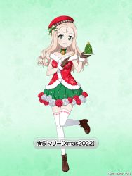 Rule 34 | 1girl, ankle boots, bare shoulders, bell, beret, black footwear, blonde hair, boots, brown gloves, character name, choker, christmas, christmas tree, commentary request, dress, dress flower, drill hair, flower, full body, fur-trimmed gloves, fur trim, girls und panzer, girls und panzer senshadou daisakusen!, gloves, green background, green choker, green dress, green eyes, grin, hat, holding, holding plate, leg up, long hair, looking at viewer, marie (girls und panzer), multicolored clothes, multicolored dress, neck bell, off-shoulder dress, off shoulder, official alternate costume, official art, plate, pointing, red dress, red flower, red hat, red rose, rose, smile, solo, standing, standing on one leg, thighhighs, translated, watermark, white flower, white rose, white thighhighs