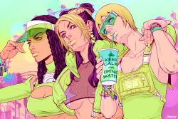 Rule 34 | 3girls, adjusting clothes, adjusting headwear, arm around shoulder, artist name, bad id, bad twitter id, black hair, blonde hair, blue eyes, bracelet, breasts, cleavage, cleavage cutout, clothing cutout, collarbone, crop top, cropped jacket, cup, day, double bun, dreadlocks, drinking, drinking straw, drinking straw in mouth, earrings, english text, ermes costello, ferris wheel, fishnet top, fishnets, foo fighters (jojo), green eyes, hair bun, hat, jewelry, jojo no kimyou na bouken, keep calm and carry on, kuujou jolyne, lips, long hair, looking at viewer, marion-ville, medium breasts, midriff, multicolored hair, multiple girls, outdoors, overalls, parted bangs, pasties, power lines, see-through, short hair, sleeveless, star (symbol), star earrings, star print, stone ocean, sunglasses, tree, turtleneck, two-tone hair, underboob, unzipped, upper body, visor cap, wristband, zipper